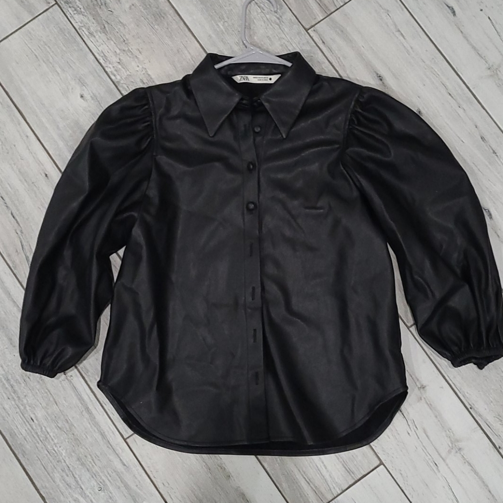 Faux leather puff sleeve blouse